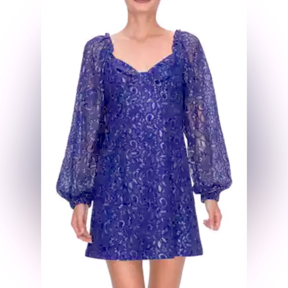 Revolve | Endless Rose Balloon Sleeve Embroidered Lace Blue Violet/Silver Mini